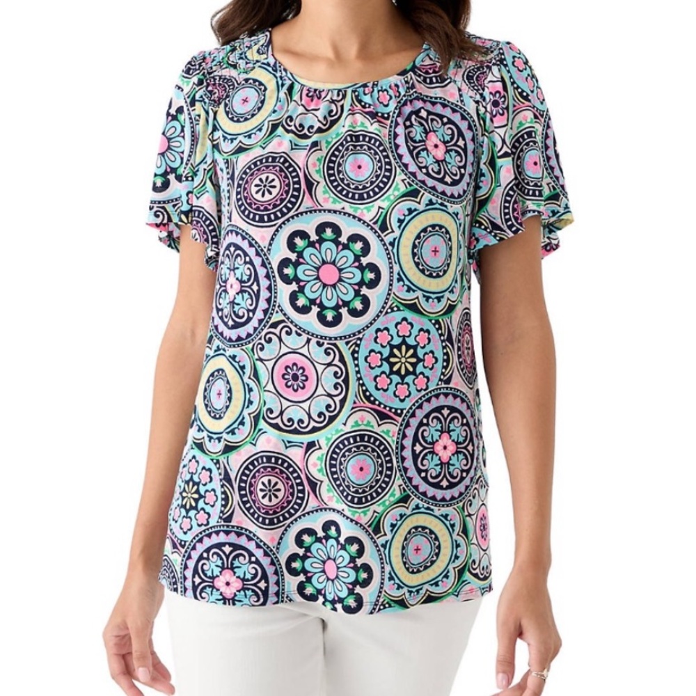 Kim Rogers multicolor smock detail top large NWT